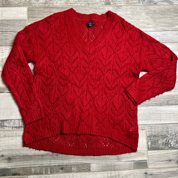 AMERICAN EAGLE V Neck Knit Pullover red Sweater - Picture 9 of 11